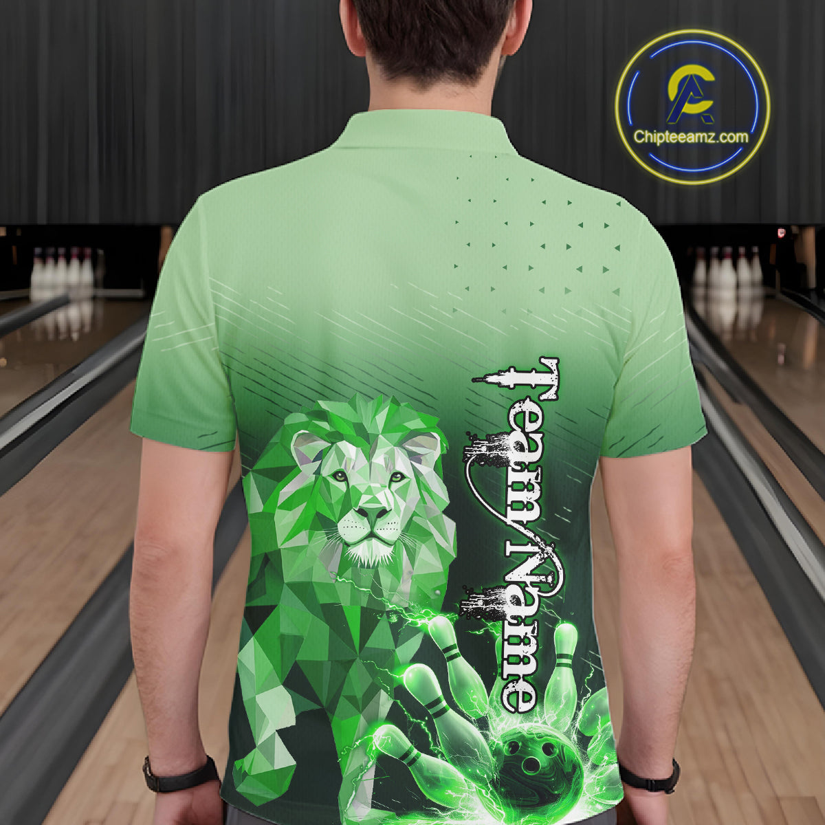 Green Lightning Lion Bowling Polo, Quarter Zip Shirts for Men Custom Lion Bowling Team jerseys NQS11568