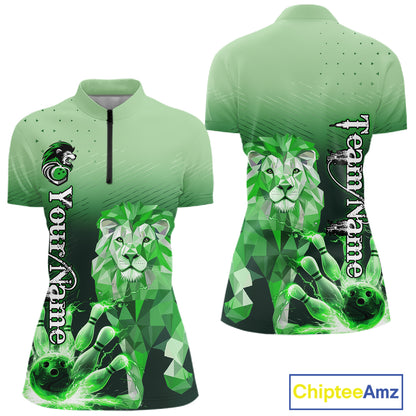 Green Lightning Lion Bowling Polo, Quarter Zip Shirts for Women Custom Lion Bowling Team jerseys NQS11568