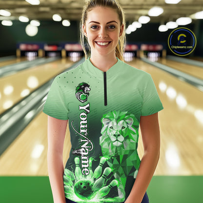 Green Lightning Lion Bowling Polo, Quarter Zip Shirts for Women Custom Lion Bowling Team jerseys NQS11568