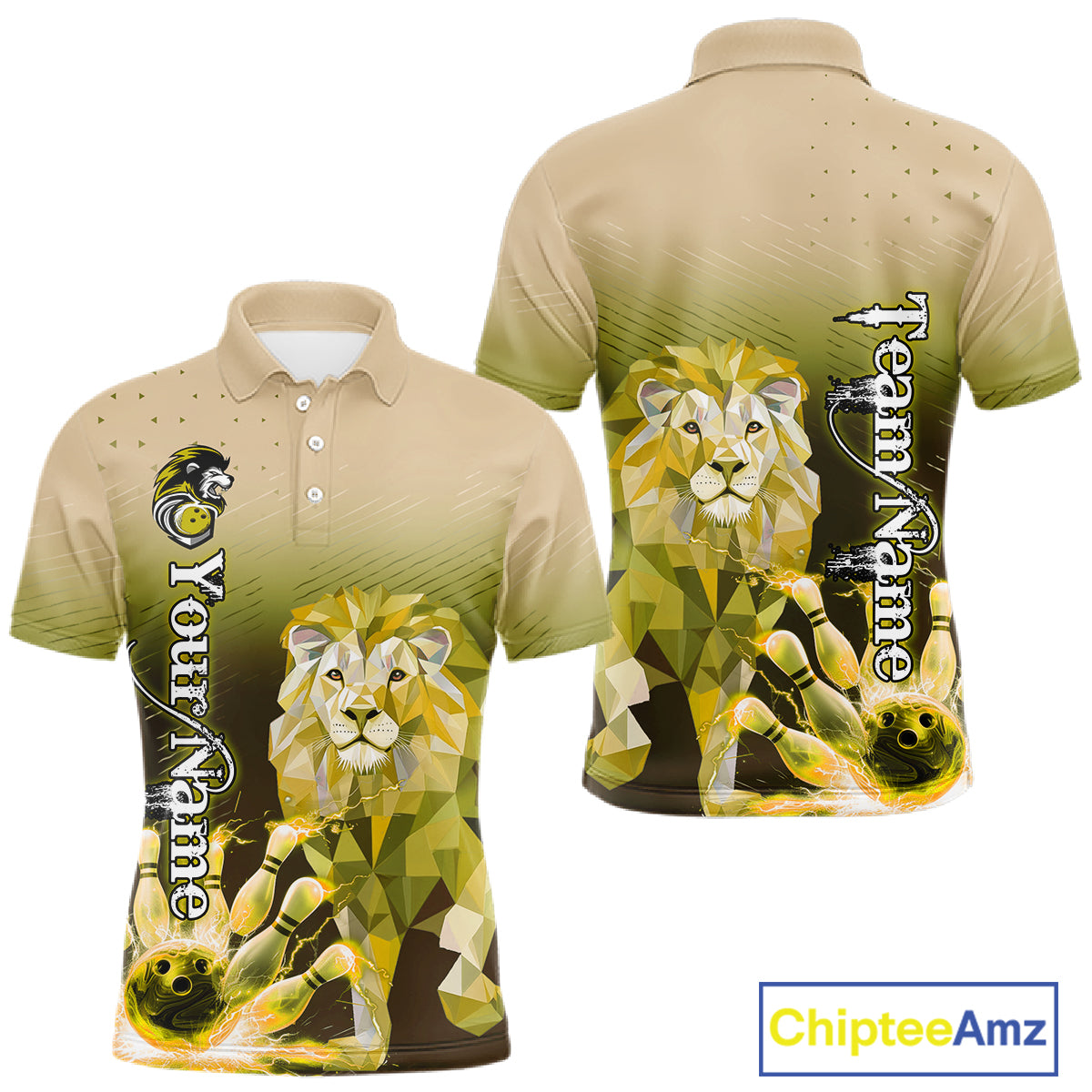 Yellow Lightning Lion Bowling Polo, Quarter Zip Shirts for Men Custom Lion Bowling Team jerseys NQS11569