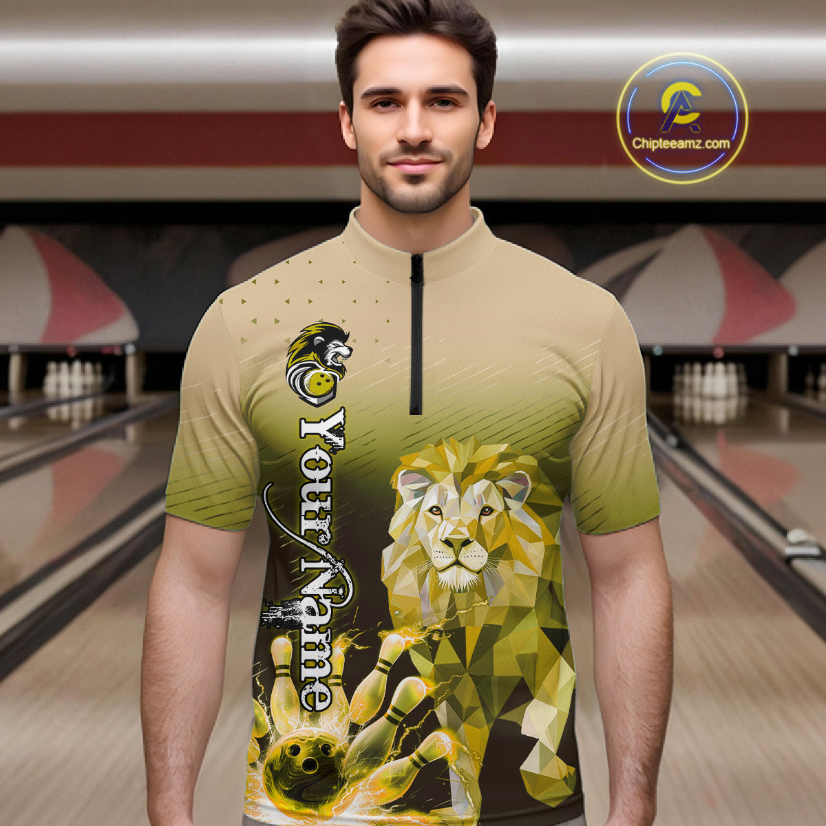Yellow Lightning Lion Bowling Polo, Quarter Zip Shirts for Men Custom Lion Bowling Team jerseys NQS11569