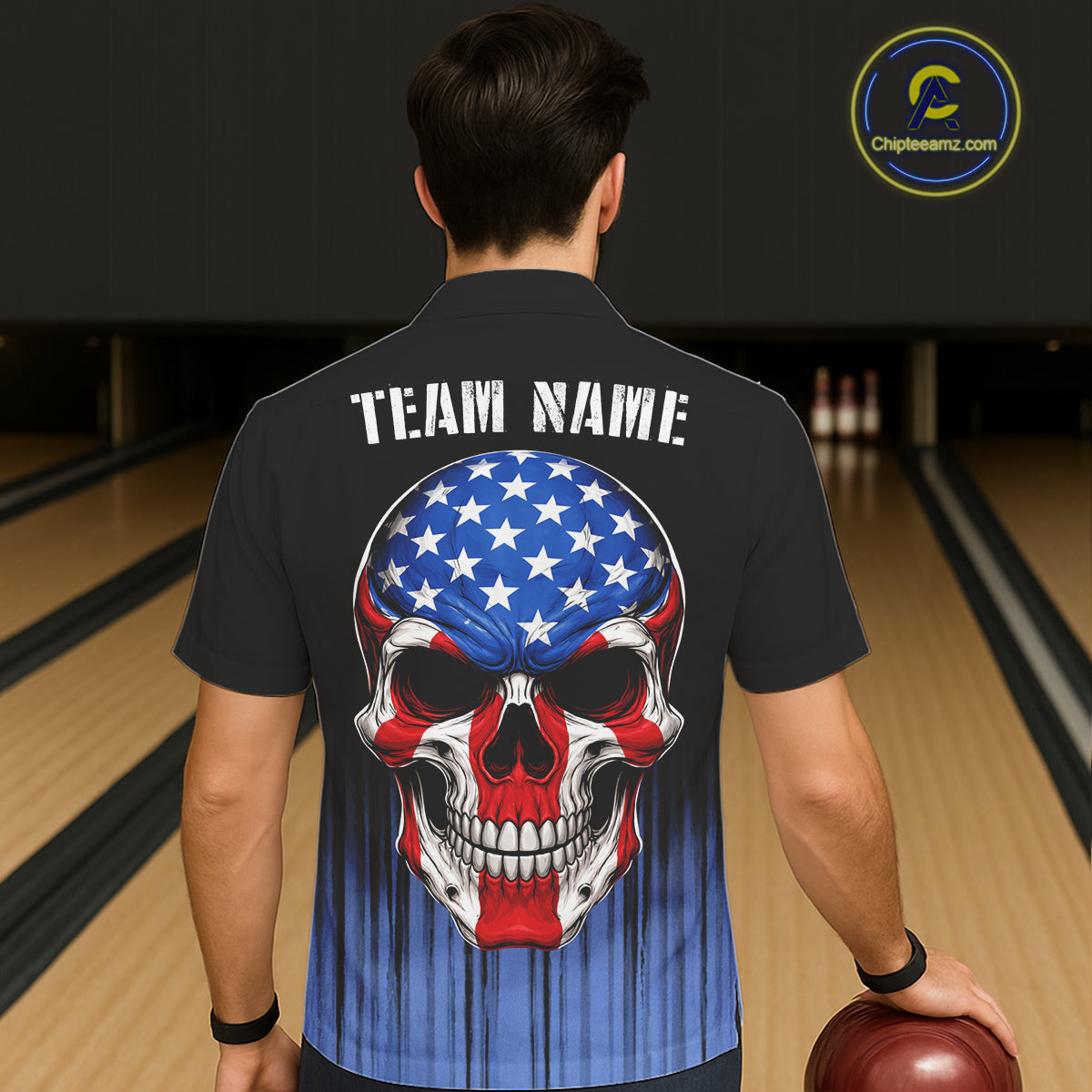 Black and Blue American Flag Skull Bowling Button-up Shirt Custom Patriotic Bowling Team jerseys NQS11699
