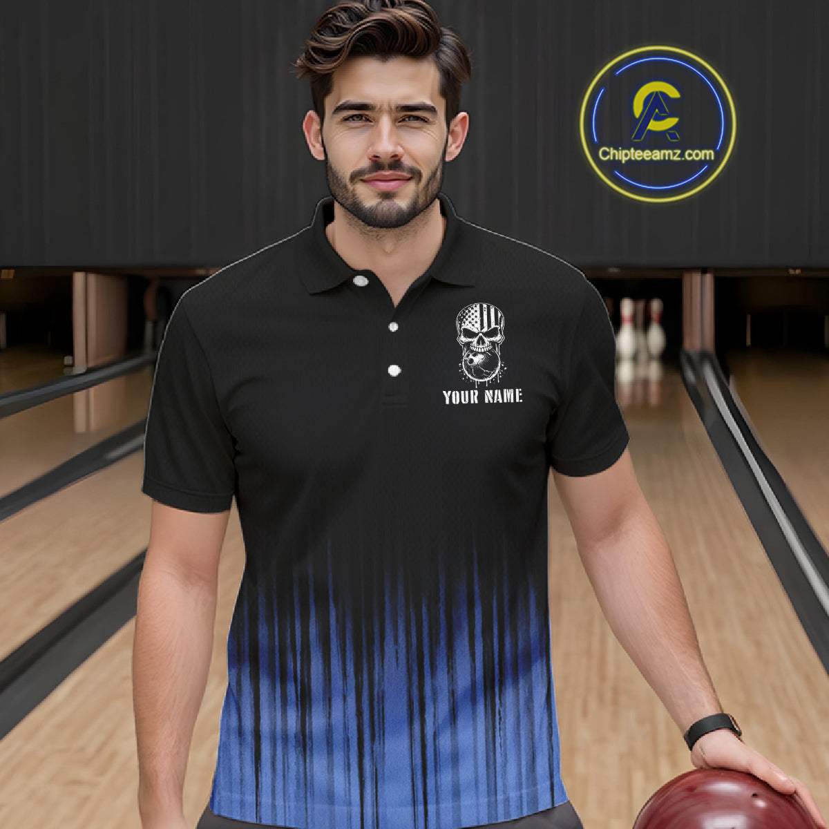 Black and Blue American Flag Skull Bowling Shirts for Men Custom Patriotic Bowling Team jerseys NQS11699