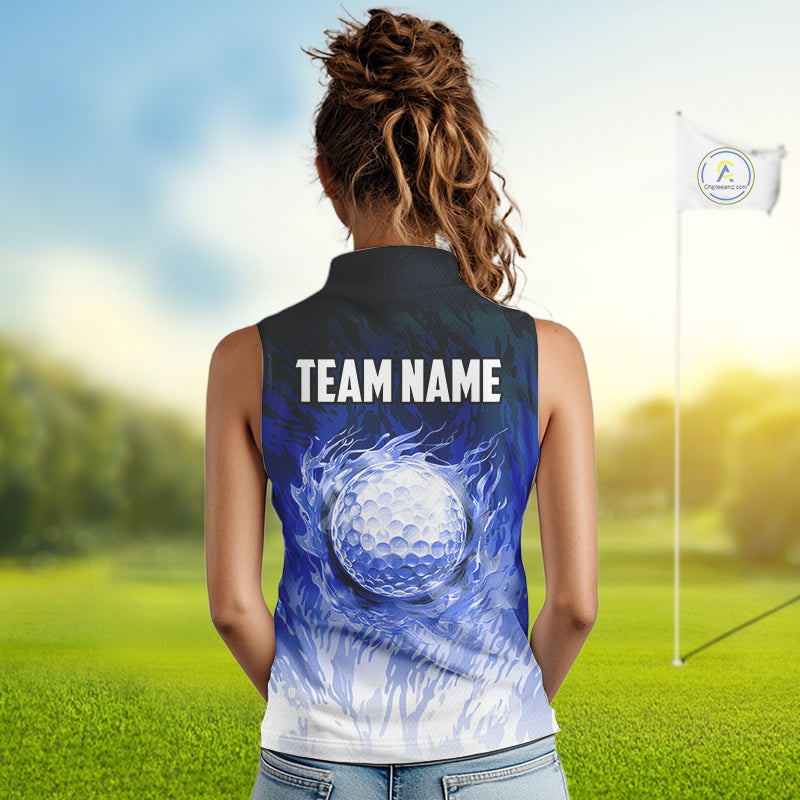Funny Flamingo Blue camo flame golf ball Women Golf Sleeveless Polo Shirt Custom Ladies Golf tops NQS9800