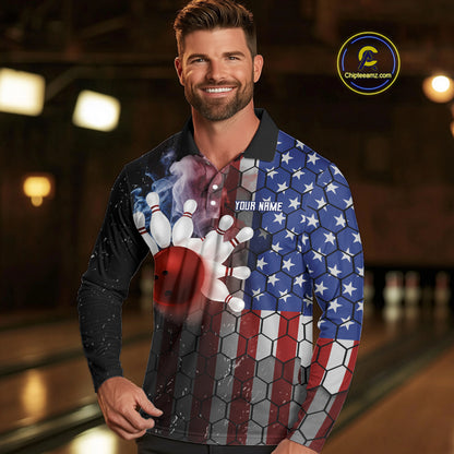 Smoke American Flag Vintage Bowling Polo, 1/4 Zip Shirts For Men Custom Patriotic Bowling Team jerseys NQS9802