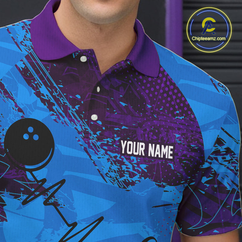 Blue and Purple Grunge Camo Heartbeat Bowling Polo, 1/4 Zip Shirt For Men Custom Bowling Team Jersey NQS10040