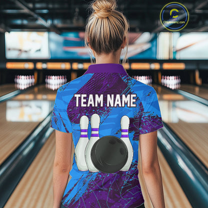 Blue and Purple Grunge Camo Heartbeat Women Bowling Polo, 1/4 Zip Shirt Custom Bowling Team Jersey NQS10040