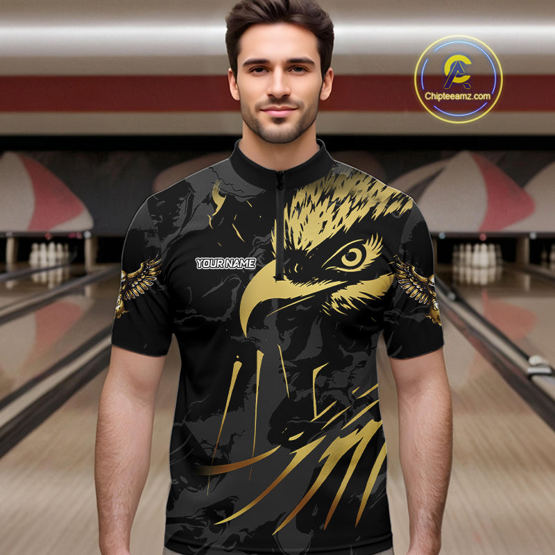 Black and Gold Eagle Bowling Polo, Quarter Zip Shirts For Men custom Bowling league outfits NQS10209