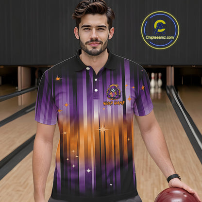 Custom Orange and Purple Flame Skull Halloween Bowling Shirts for Men, Halloween Bowling Team Jersey NQS10358