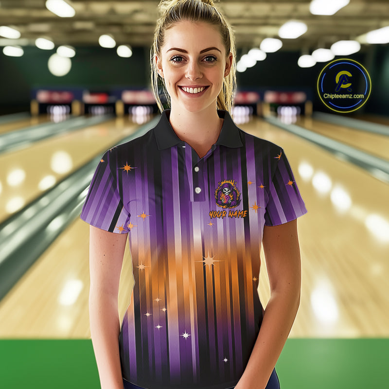 Custom Orange and Purple Flame Skull Halloween Bowling Shirt for Women, Halloween Bowling Team Jersey NQS10358