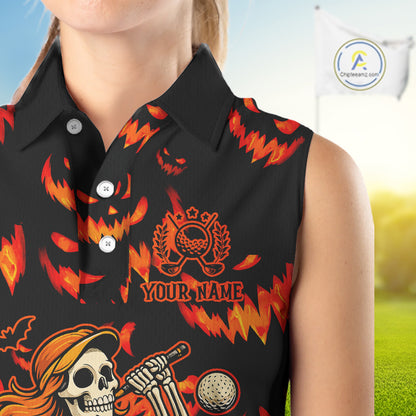 Orange and Black Halloween Pattern Funny Skull Golf sleeveless polo shirt Custom Halloween golf top NQS10352