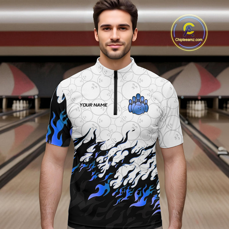 Black and White Camo Bowling Shirts For Men Custom Bowling Team League Jerseys | Blue NQS10561