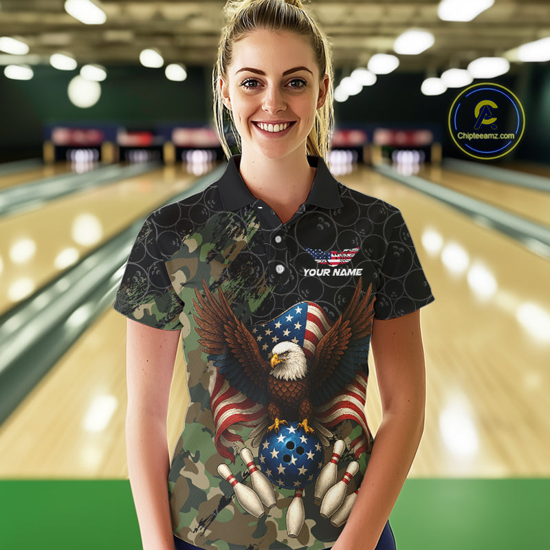 Black and Green Camo American Flag Eagle Bowling Shirt For Women Custom Patriotic Team Bowling Jersey NQS10573