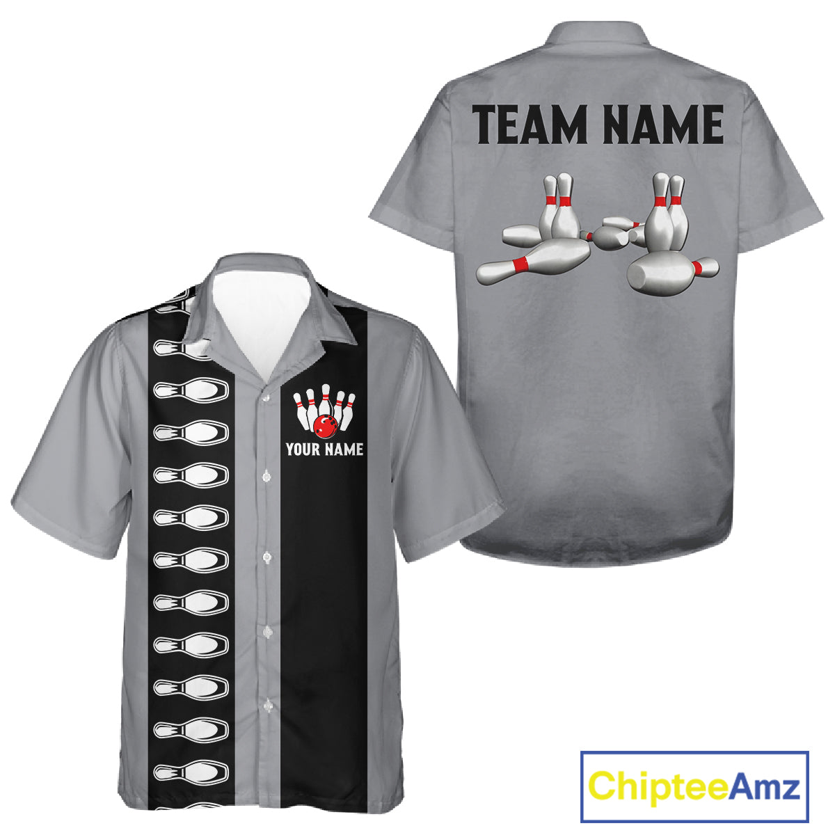 Black and Gray Retro Bowling Hawaiian Shirts Custom Vintage Bowling Team Button up shirt NQS11156
