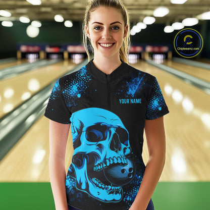 Black and Blue Skull bowling shirts for Women Custom Skull team bowling uniforms, bowling outfit NQS11573