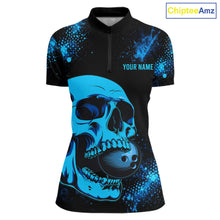 Load image into Gallery viewer, Black and Blue Skull bowling shirts for Women Custom Skull team bowling uniforms, bowling outfit NQS11573