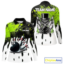 Load image into Gallery viewer, Black and Green Flame Skull Bowling Polo, 1/4 Zip Shirts for Women Custom Bowling Team League Jersey NQS11703