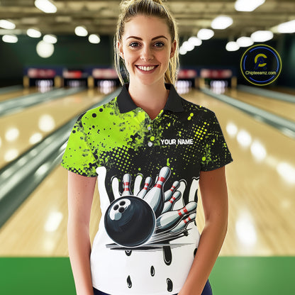 Black and Green Flame Skull Bowling Polo, 1/4 Zip Shirts for Women Custom Bowling Team League Jersey NQS11703