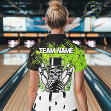 Load image into Gallery viewer, Black and Green Flame Skull Bowling Polo, 1/4 Zip Shirts for Women Custom Bowling Team League Jersey NQS11703