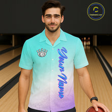Load image into Gallery viewer, Custom Cyan Blue And Purple Glitter Butterfly Bowling Button-up Team Shirts, Bowling League Shirt NQS11704