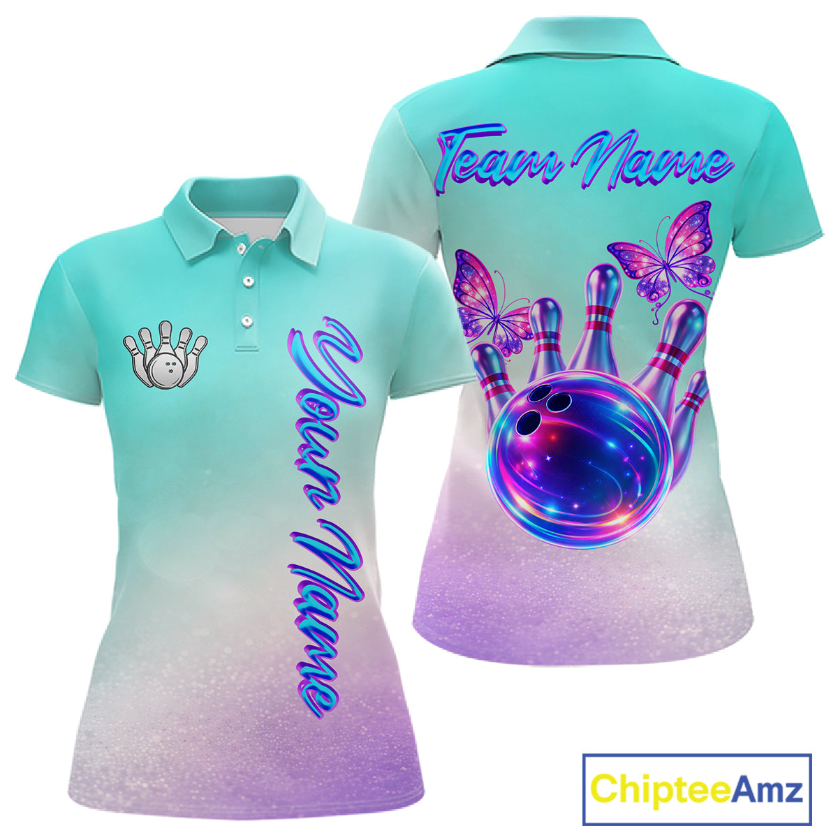 Custom Cyan Blue And Purple Glitter Butterfly Women Bowling Team Shirts, Ladies Bowling League Shirt NQS11704