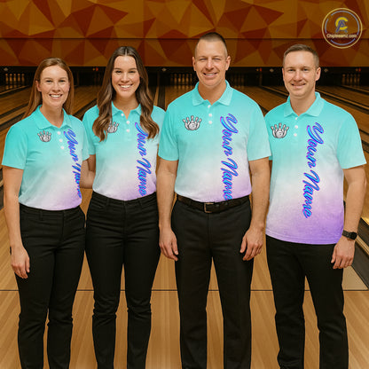 Custom Cyan Blue And Purple Glitter Butterfly Women Bowling Team Shirts, Ladies Bowling League Shirt NQS11704
