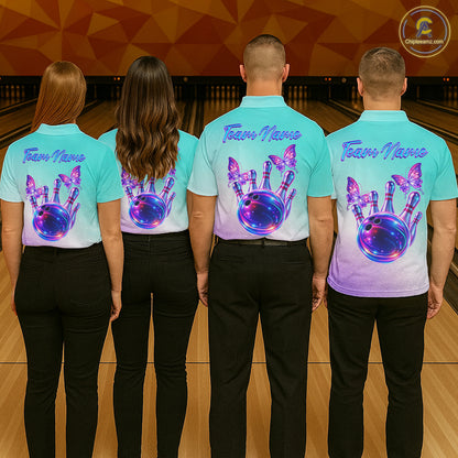 Custom Cyan Blue And Purple Glitter Butterfly Women Bowling Team Shirts, Ladies Bowling League Shirt NQS11704