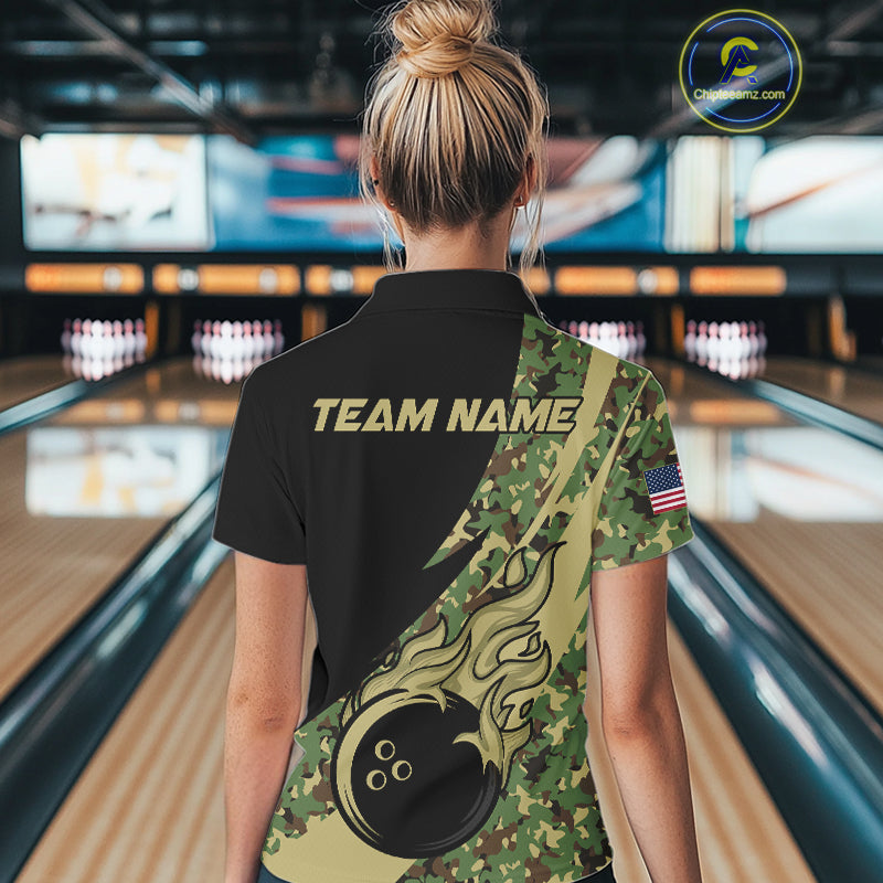 Women bowling polo, quarter zip shirts Custom green camo bowling team jerseys, gift for team Bowlers NQS10053