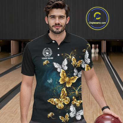 Custom Gold Butterflies Bowling Shirts For Men, Personalized Team Bowling Polo & Quarter-Zip Shirts NQS10577