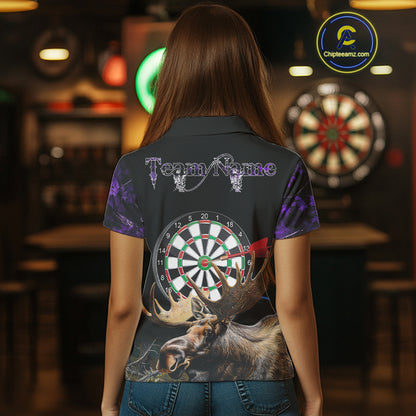 Personalized Black and Purple Camo Moose Darts Shirts For Women Custom Darts Team Jerseys NQS10976