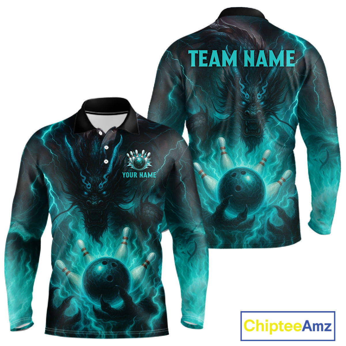 Personalized Black and Turquoise Flame Lightning Dragon Bowling Shirts For Men, Team Bowling Jerseys NQS11168