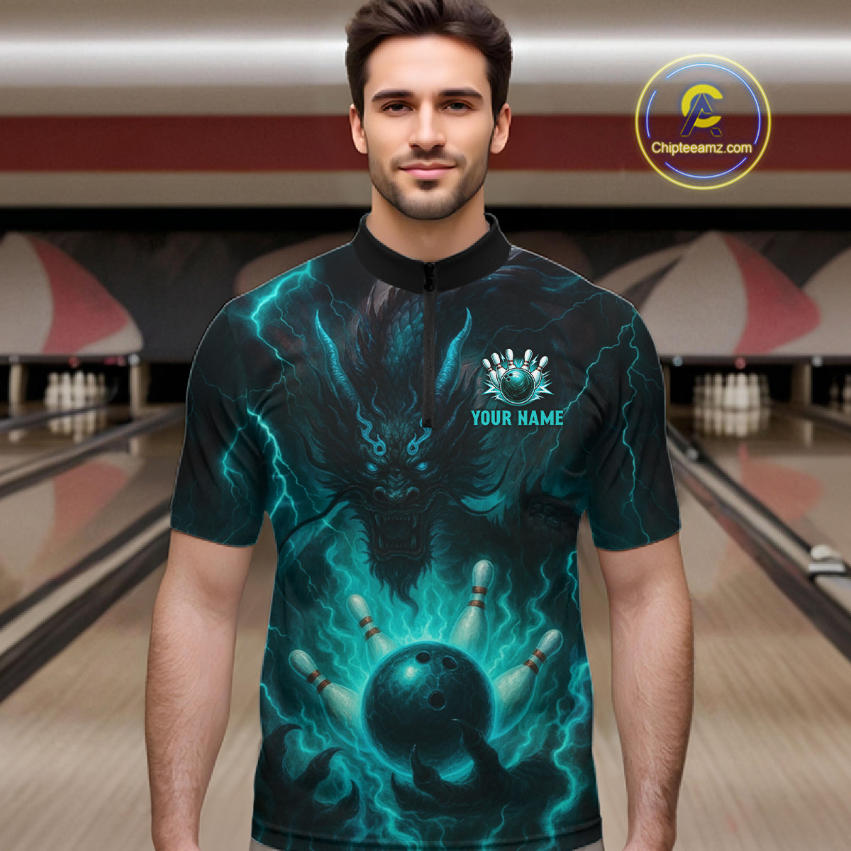 Personalized Black and Turquoise Flame Lightning Dragon Bowling Shirts For Men, Team Bowling Jerseys NQS11168