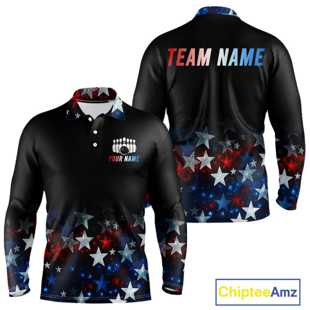 Personalized Red, White and Blue Stars Pattern Bowling Team Shirts For Men Patriotic Bowling Gifts NQS11169