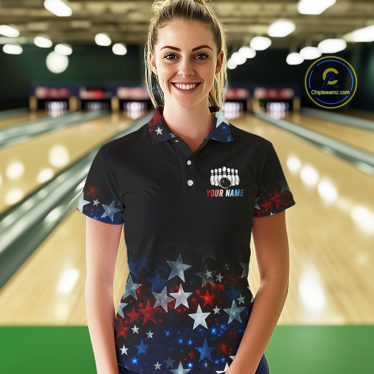 Personalized Red, White and Blue Stars Pattern Bowling Team Shirts For Women Patriotic Bowling Gifts NQS11169