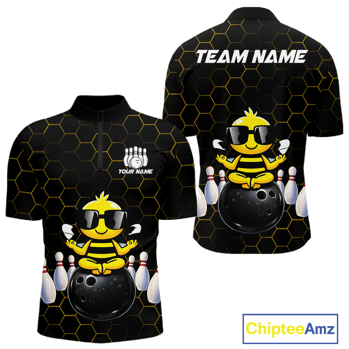 Black and Gold Funny Bee Bowling Shirts for Men Custom Team Bowling Jerseys, Gift For Bowlers NQS11582