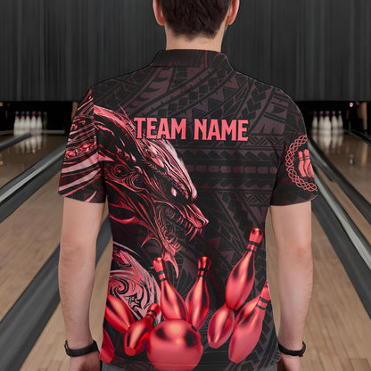 Black and Red Dragon Tribal Bowling Polo, 1/4 Zip Shirts For Men Custom Retro Bowling Team Jerseys NQS9629