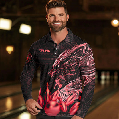 Black and Red Dragon Tribal Bowling Polo, 1/4 Zip Shirts For Men Custom Retro Bowling Team Jerseys NQS9629