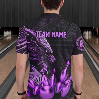 Black and Purple Dragon Tribal Bowling Polo, 1/4 Zip Shirts For Men Custom Retro Bowling Team Jerseys NQS9630