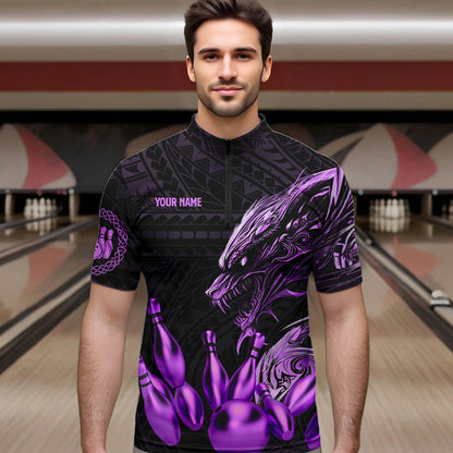 Black and Purple Dragon Tribal Bowling Polo, 1/4 Zip Shirts For Men Custom Retro Bowling Team Jerseys NQS9630