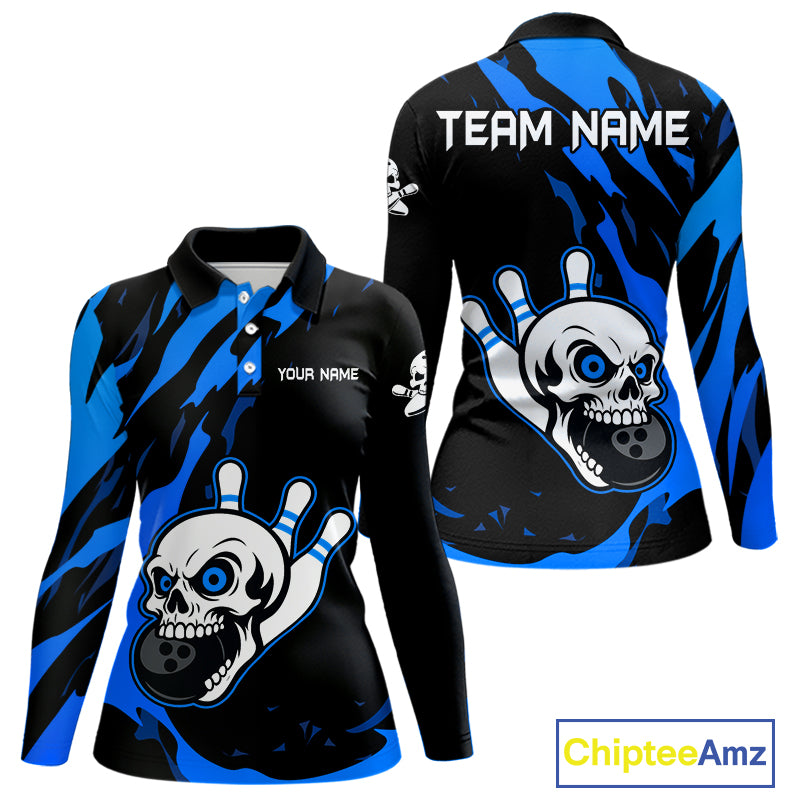 Black and Blue Skull Bowling Shirts for Women Custom Team bowling jersey, gift for bowlers NQS11708