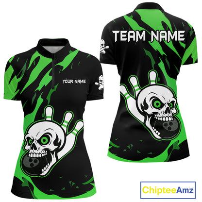 Black and Green Skull Bowling Shirts for Women Custom Team bowling jersey, gift for bowlers NQS11709