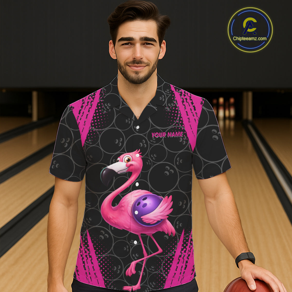 Funny Pink Flamingo Black Bowling Camo Bowling Button-up Shirt Custom Flamingo Team bowling outfit NQS11716