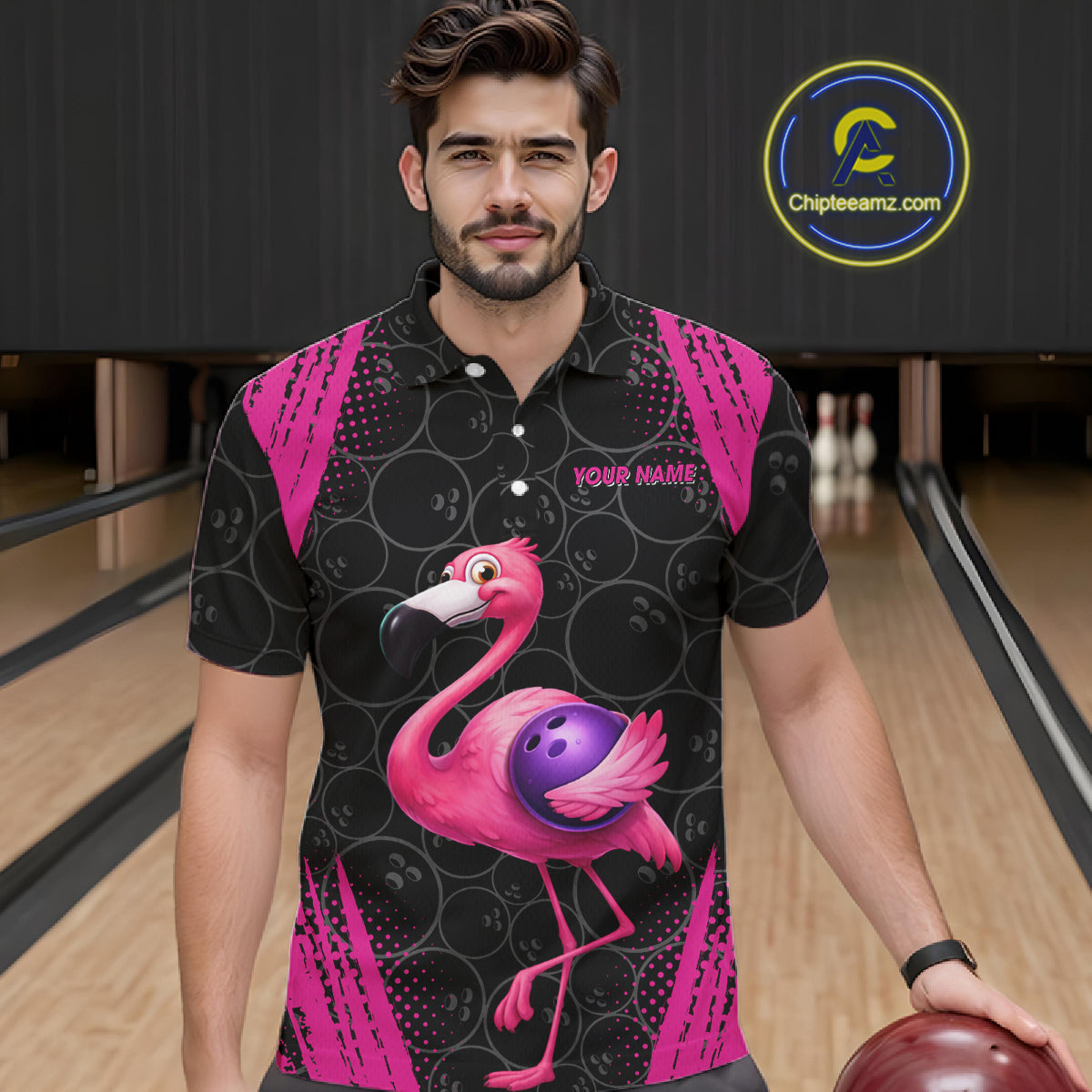 Funny Pink Flamingo Black Bowling Camo Bowling Shirts for Men Custom Flamingo Team bowling outfit NQS11716