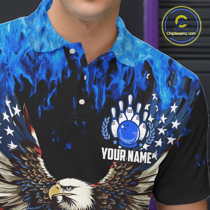 Blue flame Mens bowling polo shirts Custom American flag Eagle Team bowling shirts, gift for bowlers NQS7403