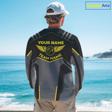 Load image into Gallery viewer, Personalized Black Peacock Bass Fishing jersey, Team Bass Fishing Long Sleeve tournament shirt| Yellow NQS9823