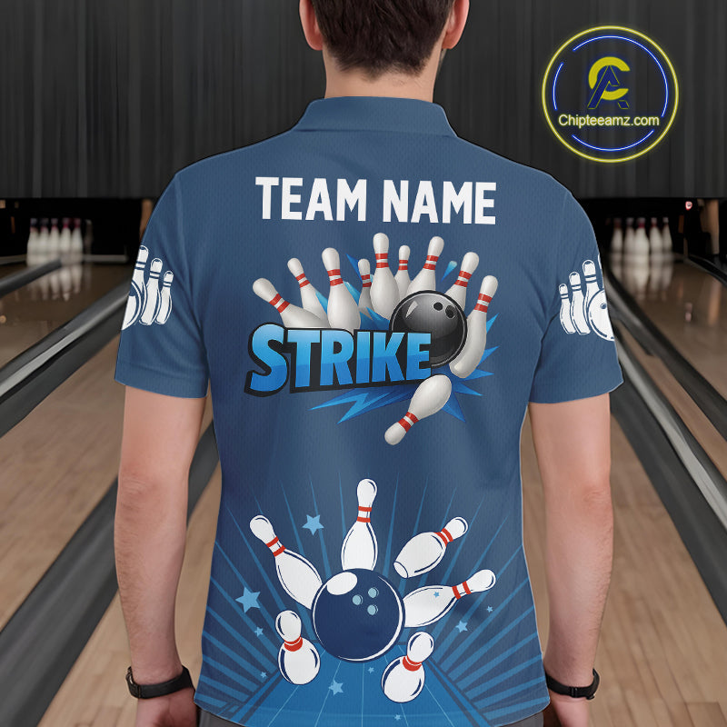 Strike Bowling Polo, Quarter-Zip Shirts For Men Custom Bowling Team Jerseys Bowlers Outfit | Blue NQS9926