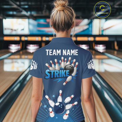 Strike Bowling Polo, Quarter-Zip Shirts For Women Custom Bowling Team Jerseys Bowlers Outfit | Blue NQS9926