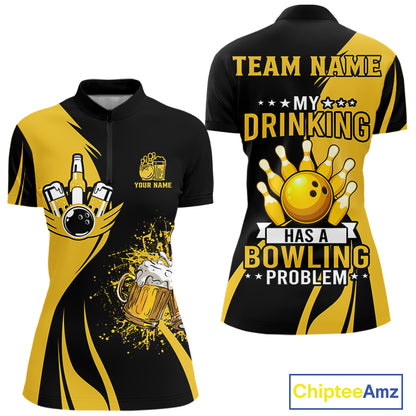 Funny yellow and black Bowling beer shirts for Women custom My drinking team has a bowling problem NQS9927