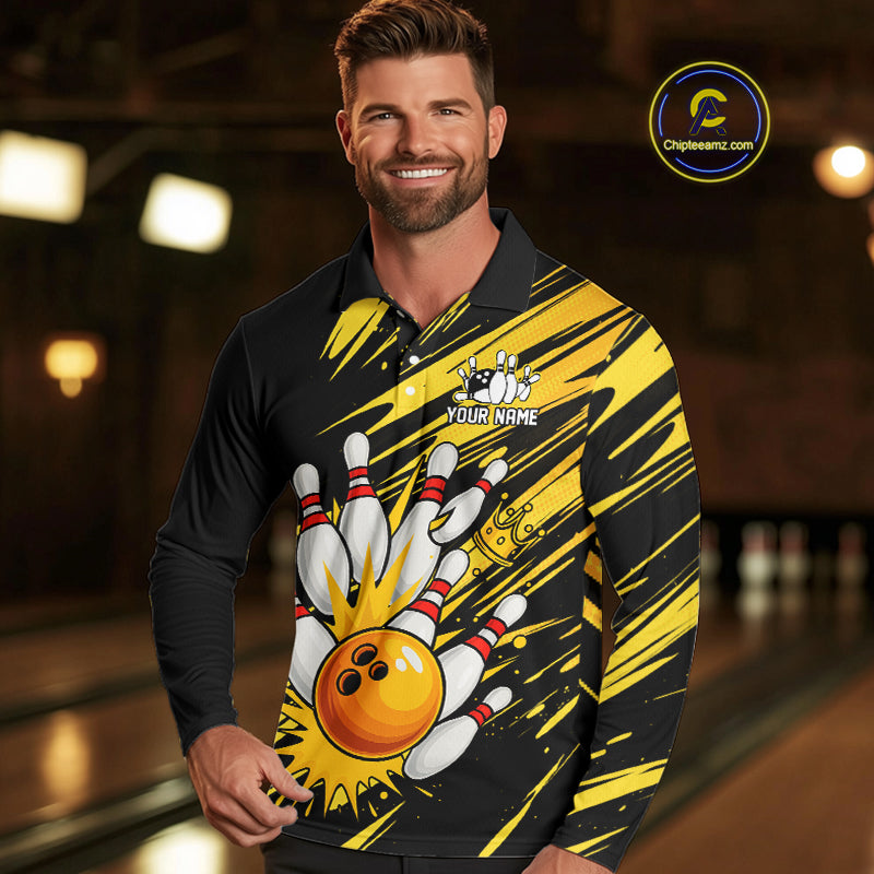 Black and Yellow Bowling Polo, 1/4 Zip Shirt for Men Custom Bowling Team shirts for bowlers NQS10365