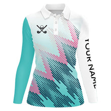 Load image into Gallery viewer, Cyan Blue pattern Womens Golf Polo Shirts Custom Ladies Golf Tops, personalized golf gifts NQS9110